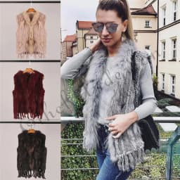 Women's Real Rabbit Fur Vest Knit Natural Leather Tassel Waistcoat Raccoon Fur Collar Winter Knitted Jacket Coat Wholesale