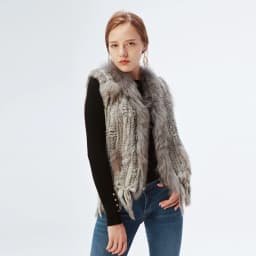 Women's Real Rabbit Fur Vest Knit Natural Leather Tassel Waistcoat Raccoon Fur Collar Winter Knitted Jacket Coat Wholesale
