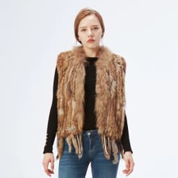 Women's Real Rabbit Fur Vest Knit Natural Leather Tassel Waistcoat Raccoon Fur Collar Winter Knitted Jacket Coat Wholesale