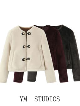 Women's Vintage Style Furry Short Jacket Loose Fit Warm Casual Knot Button Closure Spring 2026 Fashion Ladies' Outerwear