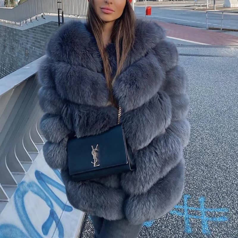 QUEENTINA Natural Fox Fur Coats Fashion New Women's Very Warm And Stylish Jacket Vest Stand Collar Leather Coat Women Winter