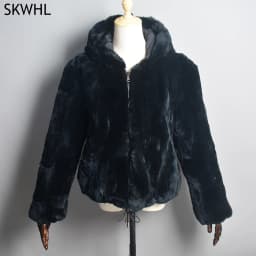 Luxury Women Winter Warm Real Rex Rabbit Fur Hooded Coat Natural Rex Rabbit Fur Jackets Lady Thick Real Rex Rabbit Fur Overcoat
