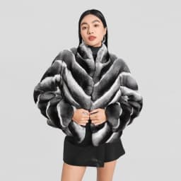 Women Natural Real Rex Rabbit Fur Coat Faux Chinchilla Pattern V‑Neck Short Jacket Natural Fur Coat Winter Warm Luxury Outerwear