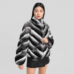 Women Natural Real Rex Rabbit Fur Coat Faux Chinchilla Pattern V‑Neck Short Jacket Natural Fur Coat Winter Warm Luxury Outerwear