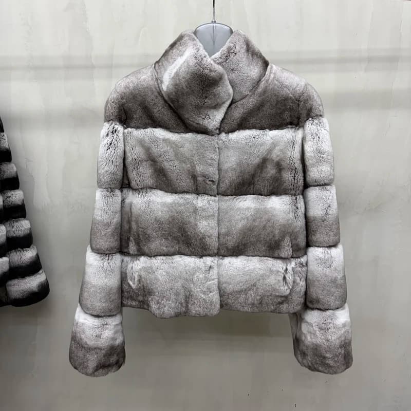 Women Real Rex Rabbit Fur Coat Stand Collar Short Jacket Chinchilla‑Look Pattern Horizontal Stripe Winter Warm Female Coat