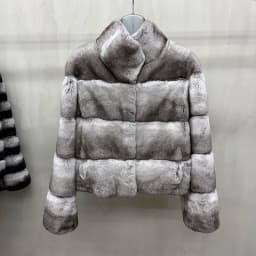 Women Real Rex Rabbit Fur Coat Stand Collar Short Jacket Chinchilla‑Look Pattern Horizontal Stripe Winter Warm Female Coat