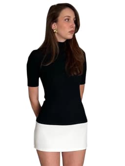 Summer 2025 Turtleneck Half Sleeve Mini Dresses French Style Fashion Elegant Black And White Patchwork Bodycon Dress