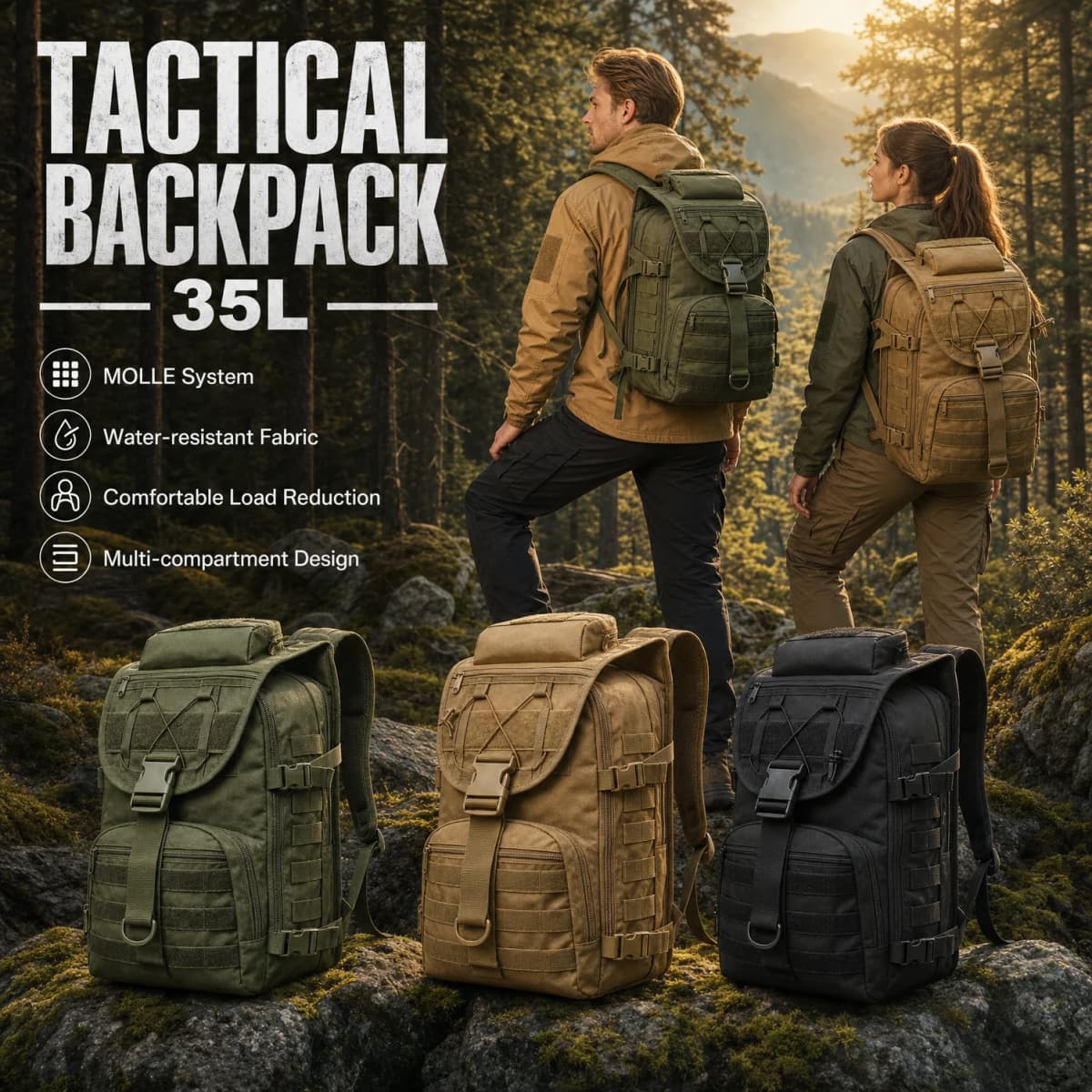35L Mountaineering Backpack Tactical with MOLLE System Bags Water Resistant Hiking Rucksack for Alpine Trekking Camping Survival Gear Load Reduction Design