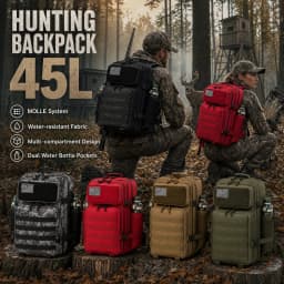 45L Large Tactical Hunting Backpack Shooting Rucksack with Dual Water Bottle Holders Outdoor Camo Hunting Gear Storage Backpack Survival Equipment Bag for Wild Shooting Hunting Trip Hiking Trekking Travel Sports EDC Daily Use Unisex Hunter Daypack