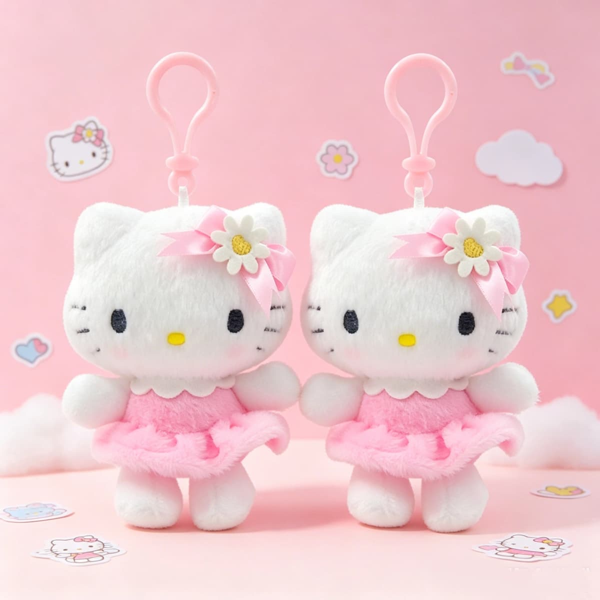 Genuine Licensed Sanrio Plush Keychain, Floral Hello Kitty & Cinnamoroll Soft Fluffy Doll Charms, Cute Bag Pendant, Perfect Gift