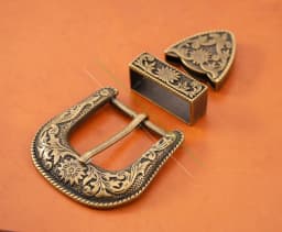 Antique Brass Floral Rope Side Rodeo Western Cowboy Three Piece Set Leathercraft Belt Buckle Unisex 1 1/2"