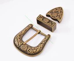 Antique Brass Floral Rope Side Rodeo Western Cowboy Three Piece Set Leathercraft Belt Buckle Unisex 1 1/2"