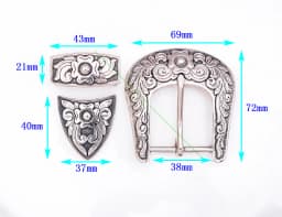 Men Women Black Silver 2-Tone Flower Engraved Texas Western Cowboy Ranger Rodeo 3-piece Set Leathercraft Belt Buckle