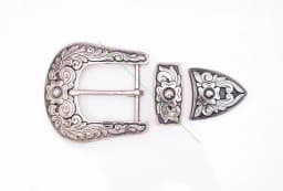 Men Women Black Silver 2-Tone Flower Engraved Texas Western Cowboy Ranger Rodeo 3-piece Set Leathercraft Belt Buckle