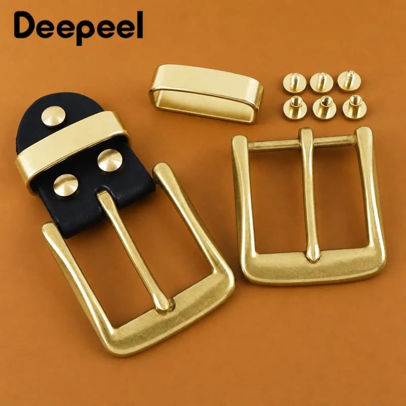 1Pc 40mm Men's Solid Brass Belt Buckle Black Leather Tab Metal Pin Buckles Head for Jeans Pants Keeper Waist Band Fastener