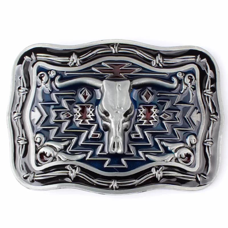 Men Belt Buckle Western Style Long-angle Cowhide Metal Smooth Buckle Beautiful pattern with red blue background silver bull head