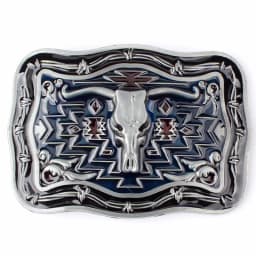 Men Belt Buckle Western Style Long-angle Cowhide Metal Smooth Buckle Beautiful pattern with red blue background silver bull head