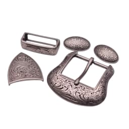 Inner 38MM Antique Silver Floral Engraved Western Cowboy Cowgirl Rodeo Belt Buckle 5-PC Set Unisex Fits 1 1/2" Strap
