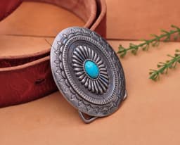 Vintage Silver America Southwest Tribal Traditional Floral Turquoise Men's Huge Leather Belt Buckle Fits 40MM Belt Strap