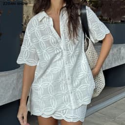 2 Pieces 1 Set 2025 Sexy Women White Embroidery Hole Loose Short Sleeve Shirt Back Zipper High Waist Package Hips Mini Skirts