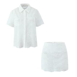 2 Pieces 1 Set 2025 Sexy Women White Embroidery Hole Loose Short Sleeve Shirt Back Zipper High Waist Package Hips Mini Skirts
