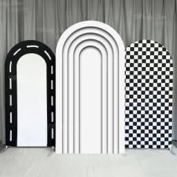 Race Car Party Backdrop Decorations Spandex Black White Checkered Racing Track Stand Arch Cover for Birthday Two Fast One Decor