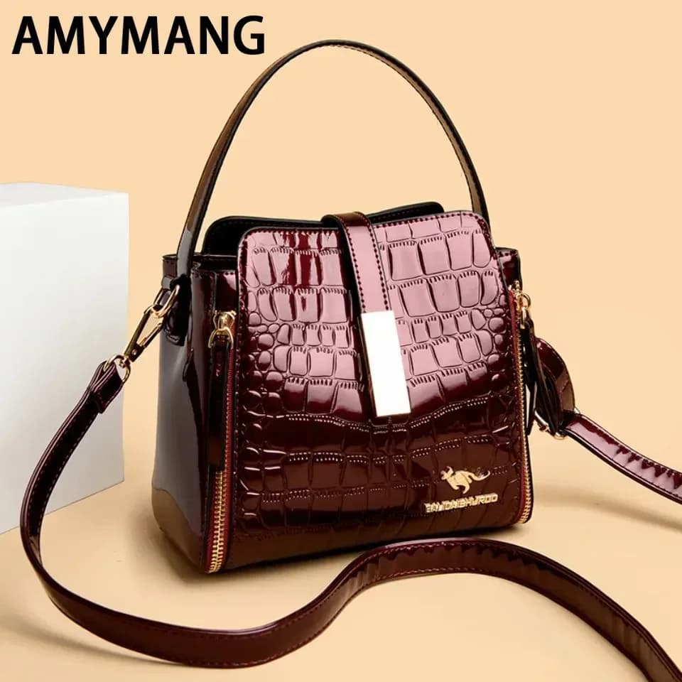 Women Patent Leather Handbag High Quality Interior Slot Pocket Leather Bucket Bag Female Shoulder Bag Luxury Brand Crossbody Bag