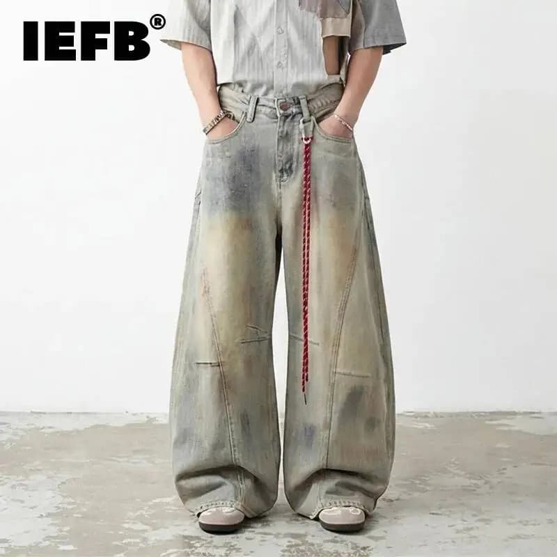 IEFB American Style Vintage Dirty Men's Jeans 2026 Spring New High Street Design Loose Wide Leg Floor Length Denim Pants 9X2185