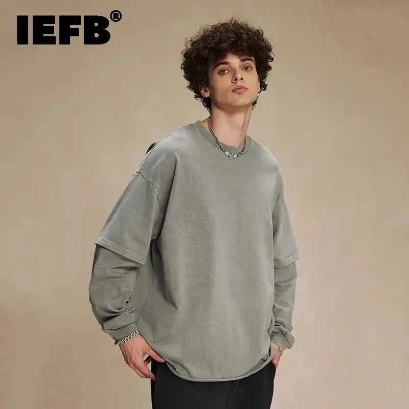 IEFB Spring Trendy Men's Top Fake Two Piece Curled Edge Round Neck Long Sleeve T-shirt Men Tie Dyeing Washed Streetwear 9W124