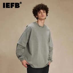 IEFB Spring Trendy Men's Top Fake Two Piece Curled Edge Round Neck Long Sleeve T-shirt Men Tie Dyeing Washed Streetwear 9W124
