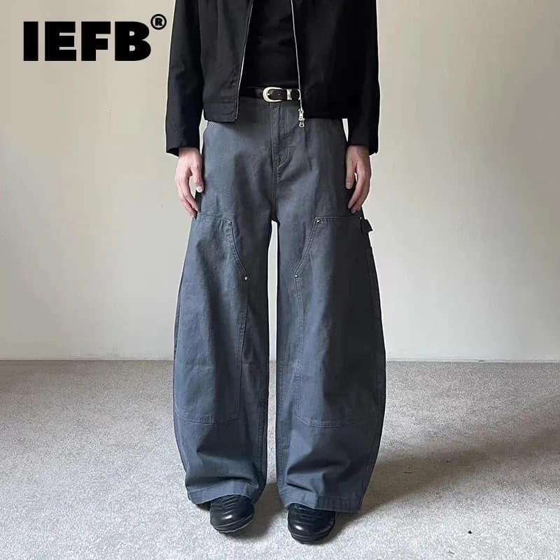IEFB American Style Men's Casual Trousers Solid Color Patchwork Casual Washing Bottom Wide Leg Straight Male Pants Vintage 9X684