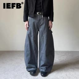 IEFB American Style Men's Casual Trousers Solid Color Patchwork Casual Washing Bottom Wide Leg Straight Male Pants Vintage 9X684