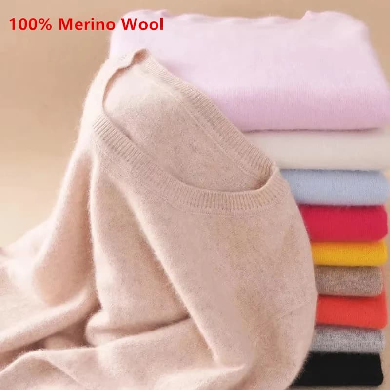 Premium 100% Merino Wool Knitted Sweater Women 2026 Autumn Winter Lightweight Warm Jumper Classic O-neck Long Sleeve Pullovers