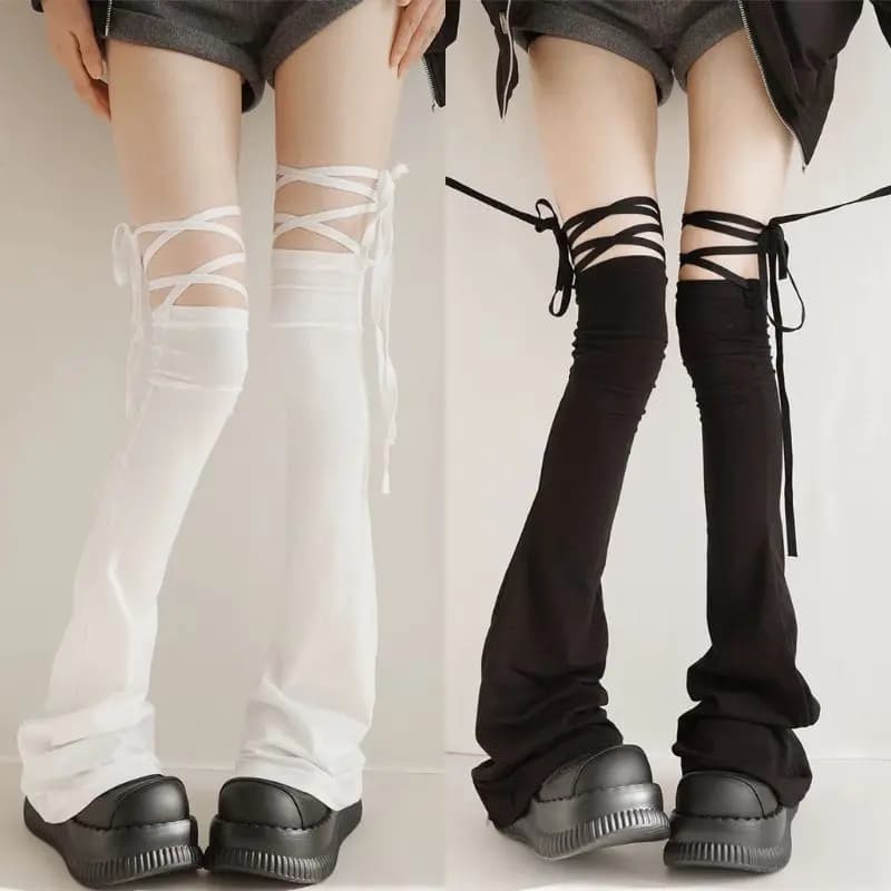 Y2K Harajuku Leg Stockings Black White Grey Gothic Lolita Over Knee High Sock Lolita Over Knee Leg Cuffs Punk Lolita Flared Sock