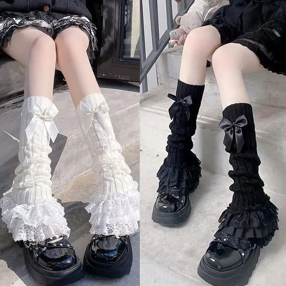 Japanese Women Knitted Leg Warmer Bow Tiered Ruffled Socks Girl Lace Lolita Socks Calf T-shaped Lace Leg Horn Warmers Women