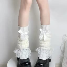 Japanese Women Knitted Leg Warmer Bow Tiered Ruffled Socks Girl Lace Lolita Socks Calf T-shaped Lace Leg Horn Warmers Women
