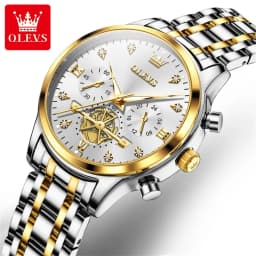 OLEVS Top Brand Couple Watches Stainless Steel Waterpoof Chronograph Moon Phase Flywheel Design Lover's Wristwatch for Men Women