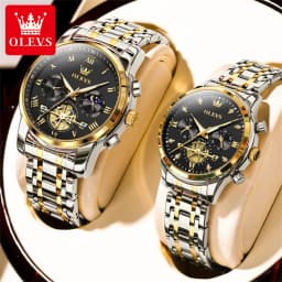 OLEVS Top Brand Couple Watches Stainless Steel Waterpoof Chronograph Moon Phase Flywheel Design Lover's Wristwatch for Men Women