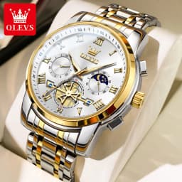 OLEVS Top Brand Couple Watches Stainless Steel Waterpoof Chronograph Moon Phase Flywheel Design Lover's Wristwatch for Men Women