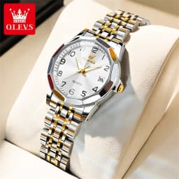 OLEVS 9970 Luxury Couple Watch Men Women Stainless Steel Waterproof Calendar Wristwatch Digital Dial Rhombus Mirror Lovers Watch