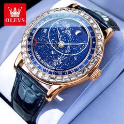 OLEVS 9923 Moon Phase Automatic Mechanical Watches for Man Fashion Leather Strap Waterproof Starry Sky Blue Luxury Men's Watches