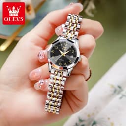 OLEVS 9970 Couple Watch For Men Women Luxury Number Dial Rhombus Mirror Quartz Hand Clock Stainless Steel Original Dress Watches