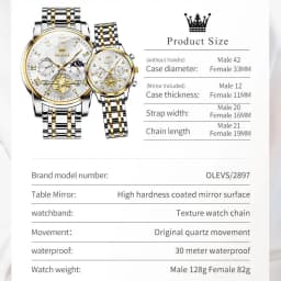 OLEVS Quartz Couple Watch Luxury Brand Waterproof Lunar Phase Timing Code Watch Elegant and Romantic Lover His Her Couple Watch