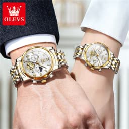 OLEVS Quartz Couple Watch Luxury Brand Waterproof Lunar Phase Timing Code Watch Elegant and Romantic Lover His Her Couple Watch