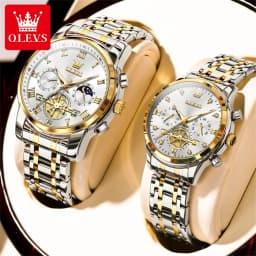 OLEVS Quartz Couple Watch Luxury Brand Waterproof Lunar Phase Timing Code Watch Elegant and Romantic Lover His Her Couple Watch