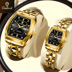 BINBOND 2pcs/Set Square Couple for Watch Fashion Stainless Men Ladies Quartz Watch Lover Waterproof Date Week Luminous Watch