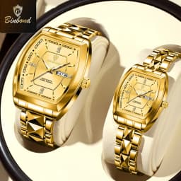 BINBOND 2pcs/Set Square Couple for Watch Fashion Stainless Men Ladies Quartz Watch Lover Waterproof Date Week Luminous Watch