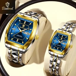 BINBOND 2pcs/Set Square Couple for Watch Fashion Stainless Men Ladies Quartz Watch Lover Waterproof Date Week Luminous Watch