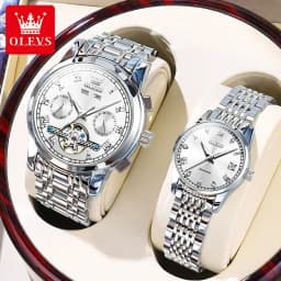 OLEVS 6607+6602 Original Men Women Watch Luxury Brand Tourbillon Mechanical Watch High End Romantic Lover Date Gift Couple Watch