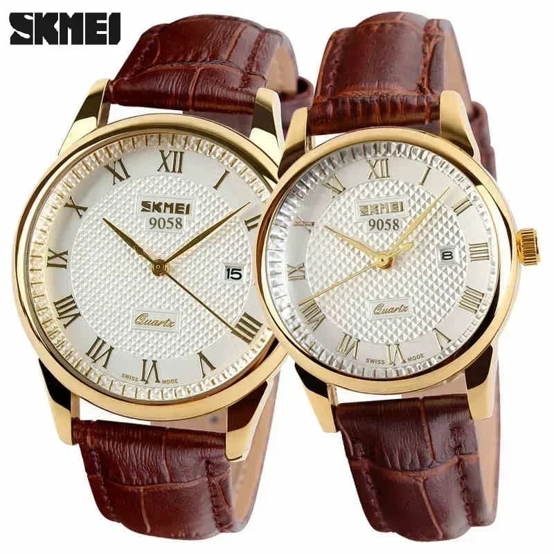 SKMEI 9058 Time Leather Strap Sports Waterproof Wristwatches Date Clock Lovers Quartz Women Men Watch Love Witness Reloj Hombre